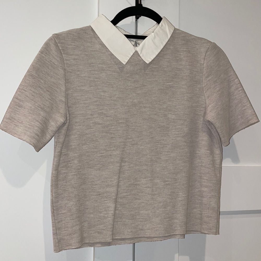 Zara Short Sleeve Work Top - Beige with White Collar